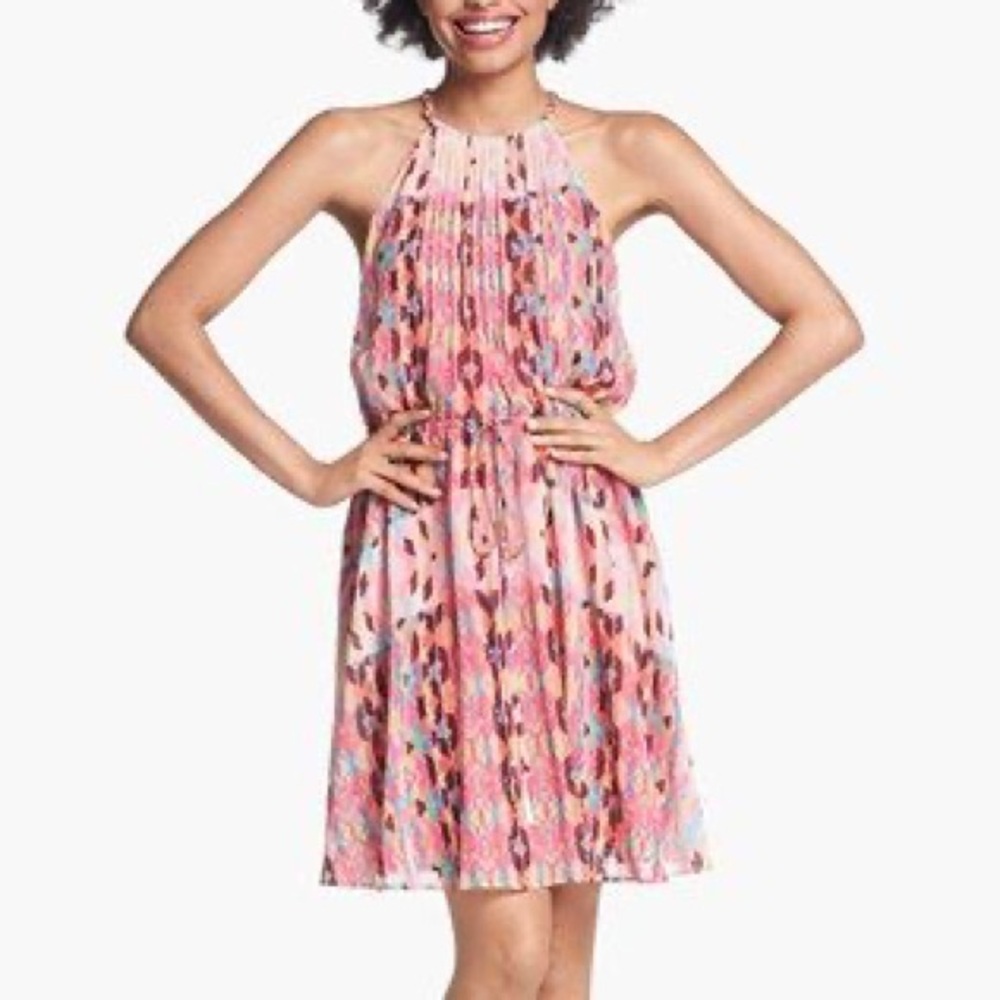 Jessica Simpson Pink Colorful Patterned  High Neck Mini Sundress Size Small